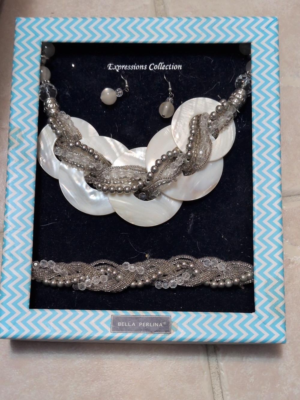 bella Perlina White and Silver Mother-of-Pearl Necklace, Bracelet & Earrings Set